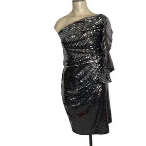 NWT Eloquii One Shoulder Dress 14 Black Sequin Metallic Mini Ruffle Drape Party
